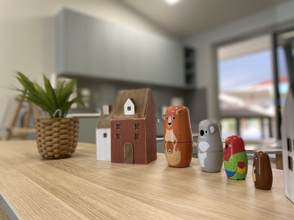 Wooden nesting animals on a bench